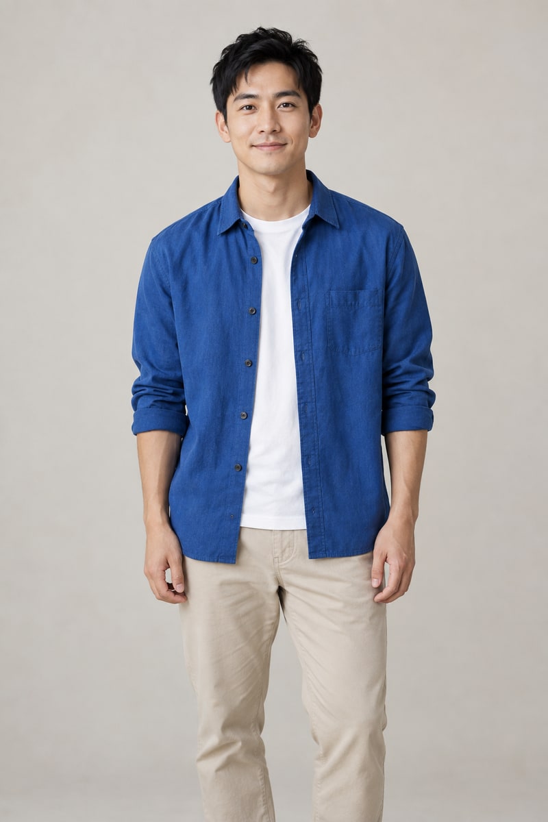 Input photo 1: fictional man wearing a blue overshirt